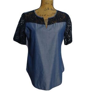VAN HEUSEN Tunic SMALL Denim Blue Navy See Through Lace Top Shirt Sl Work